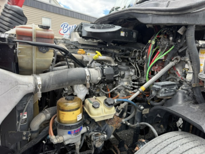 Truck engine bay view showing various hoses, wiring, and fluid reservoirs in a Freightliner Cascadia engine compartment.