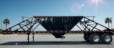 Trailer hopper showing a black hopper body with truss-style frame and dual rear axles. No readable labels visible on the side.