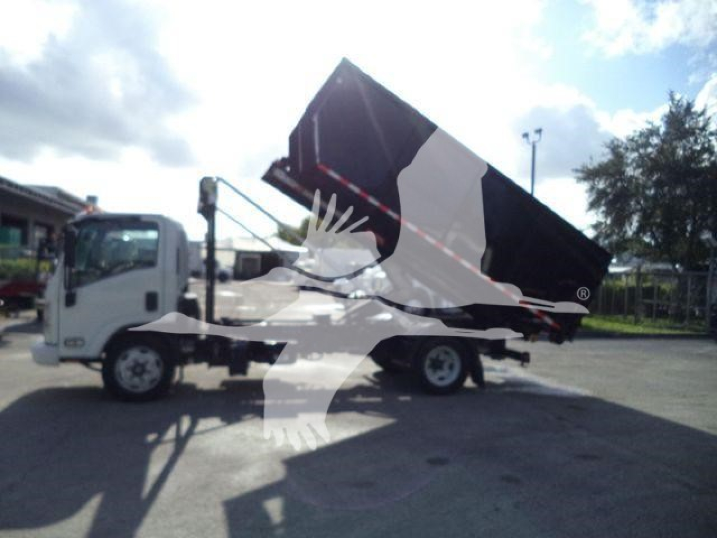 Isuzu NPR/NRR truck with a raised cargo bed in a roll-off configuration, white cab, black container, side view