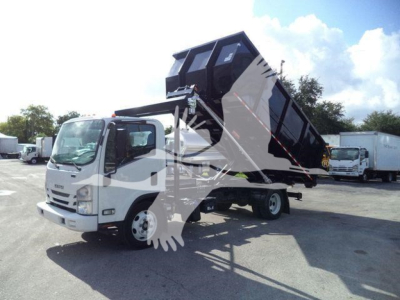 Isuzu NPR/NRR truck in rollover configuration showing dump bed raised