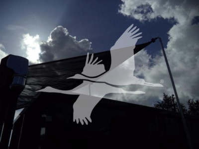 Isuzu NPRR truck reflectively photographed with sky and flag silhouette; no legible labels visible.