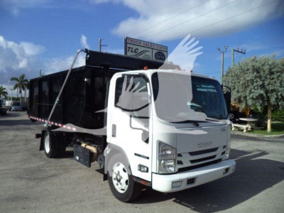 Isuzu NPR/NRR truck with roll-off dump body, white cab, front view, stock number T01679, VIN JALE5W169M7301679, used vehicle.
