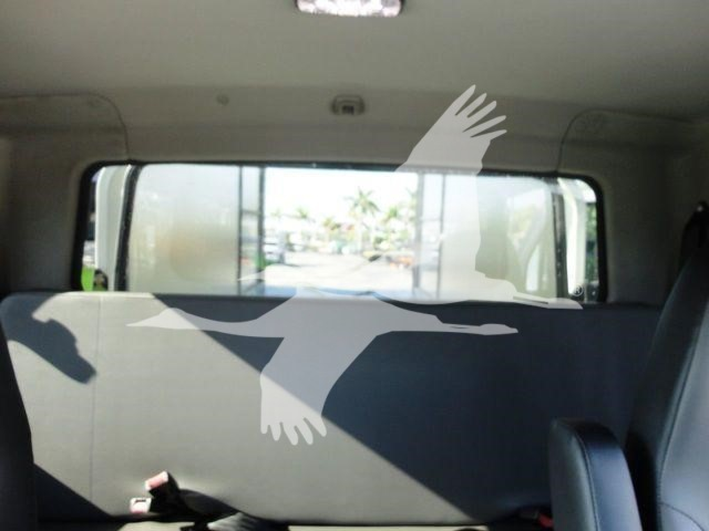 Interior of a 2022 International MV rollback truck showing rear seating and rear window with reflection, stock image of cargo area.