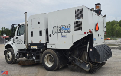 Medium-duty street sweeper truck with large rear broom and side compartments. Text on side reads M5000? and Schor?; rear lights, hazard triangle on cab.