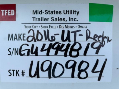 Sign on Mid-States Utility Trailer Sales listing showing handwritten stock number, S/N, and Make Model for 2016 Utility Reefer; S/N GU494819, STK # U90984, TFED logo visible, with locations list