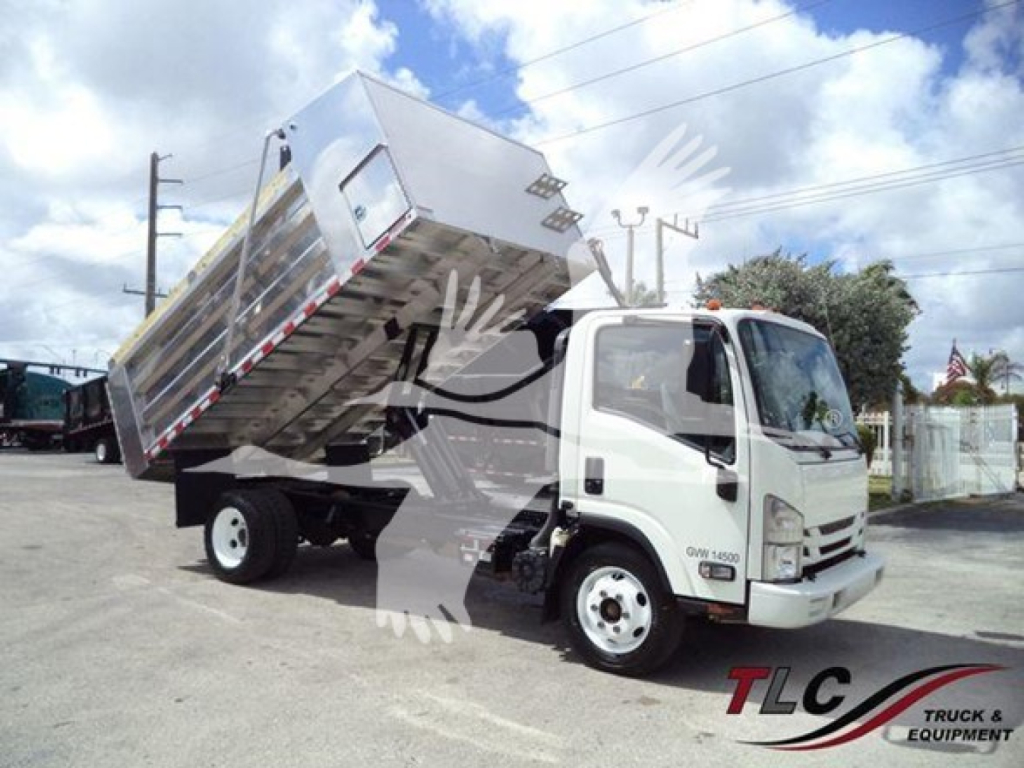 Isuzu NPR-HD dump truck with tilted bed, side view showing cab and chassis.