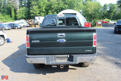 Ford F-150 rear view showing tailgate with Ford emblem and F-150 badge in a used pickup truck lot.