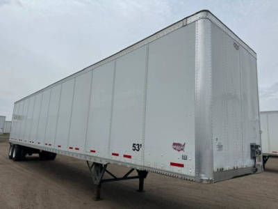 Trailer with aluminum dry van showing 53' length and front corner view.