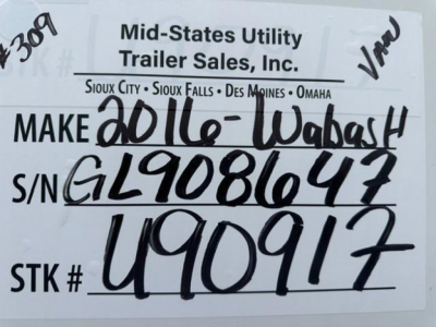 Mid-States Utility Trailer Sales, Inc. label with handwritten VIN, stock, and serial numbers: S/N GL908647, STK # 490917, Make 2016-Wabash, M-SU trailer info. VIN 1JJV532D7GL908647.