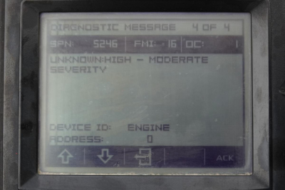Diagnostic display showing DIAGNOSTIC MESSAGE 4 OF 4, SPN 5246 FM: 16 OC: 1, UNKNOWN: HIGH - MODERATE SEVERITY, DEVICE ID: ENGINE, ADDRESS: 0, with navigation arrows and ACK button.