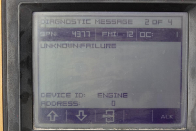 Diagnostic screen showing UNKNOWN: FAILURE message, 2 of 4, SPN 4777 FMI 12 OC, DEVICE ID: ENGINE, ADDRESS: 0, with arrows at bottom.