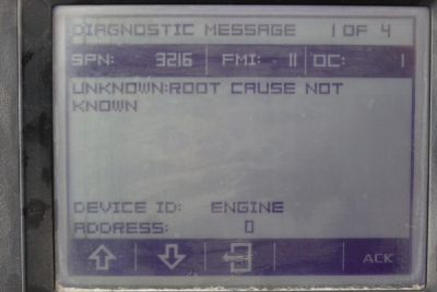 Truck lifting equipment diagnostic screen showing SPN 3216 FMI 11 OC 1 unknown: root cause not known, device id engine, address 0.