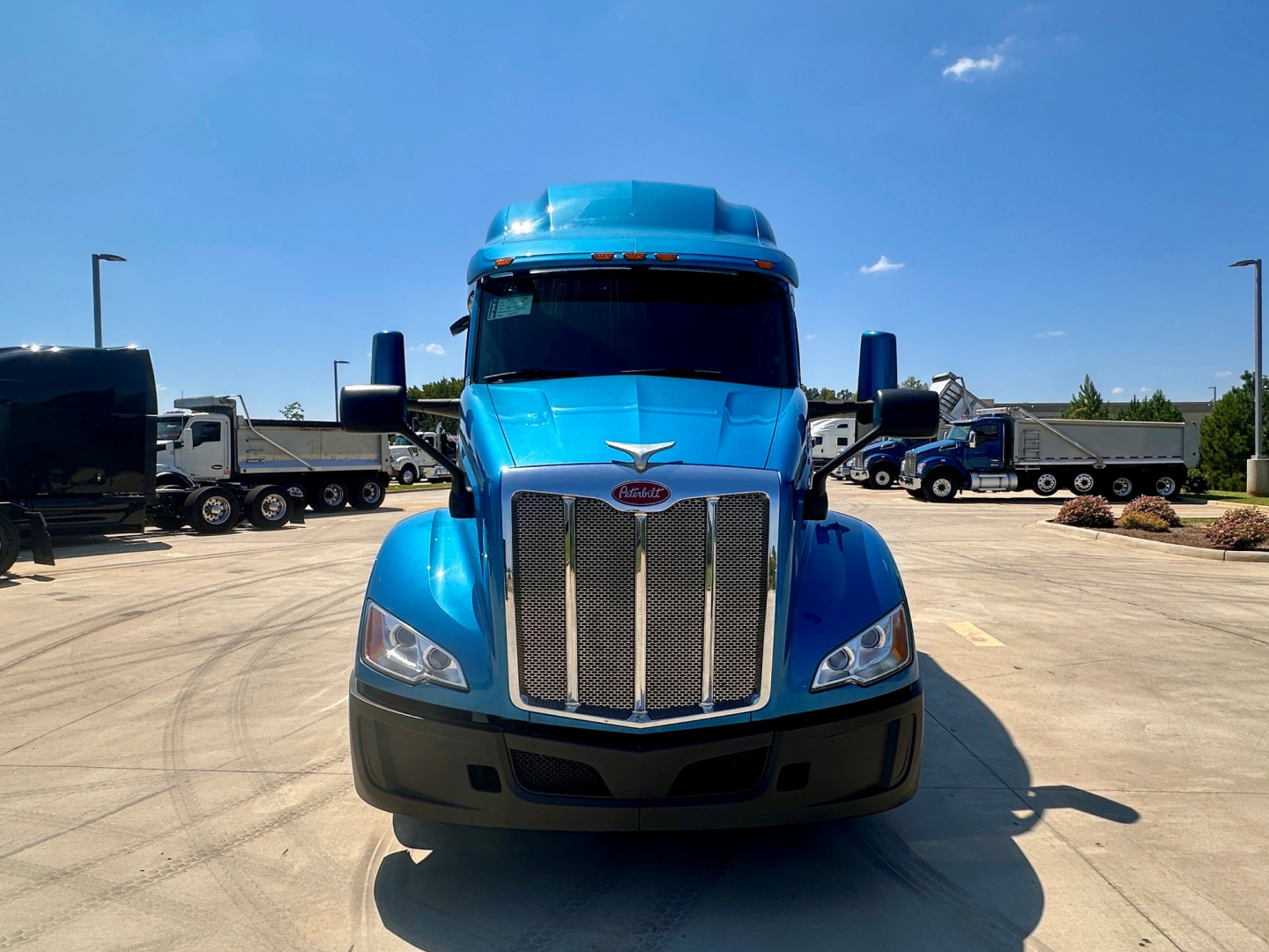 Peterbilt 579 front view showing large grille, blue cab, and headlights in a parking lot.