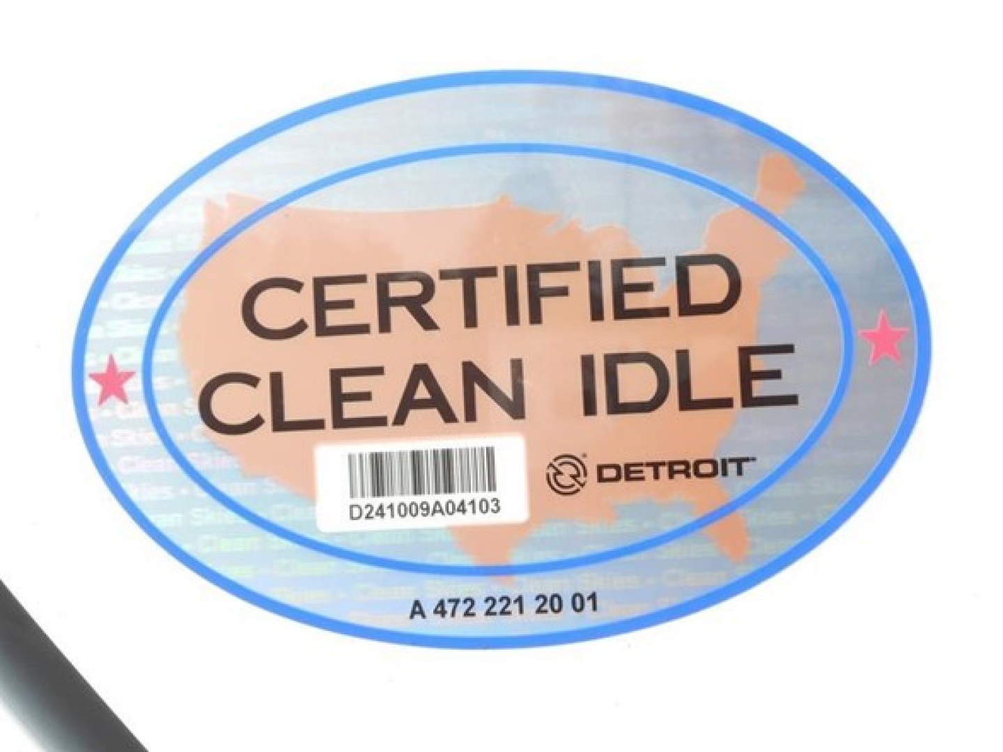 Certified Clean Idle oval sticker with Detroit logo and barcode on light background.