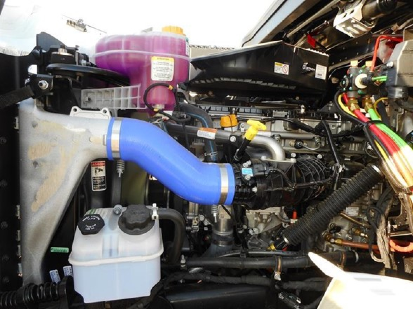 Western Star 47X engine bay showing blue intercooler/air intake hose, coolant reservoir, purple coolant expansion tank, and assorted wiring harnesses.