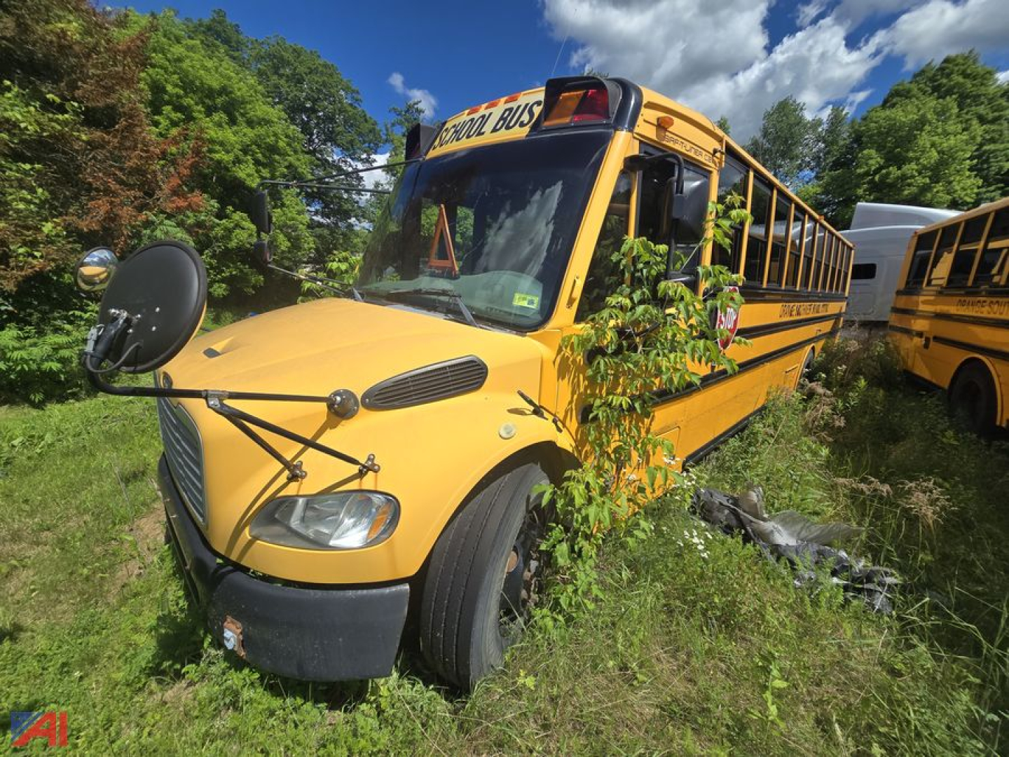 Bus front view of a yellow 2014 Freightliner B2 school bus with large mirrors, black bumper, and overgrown grass around it.