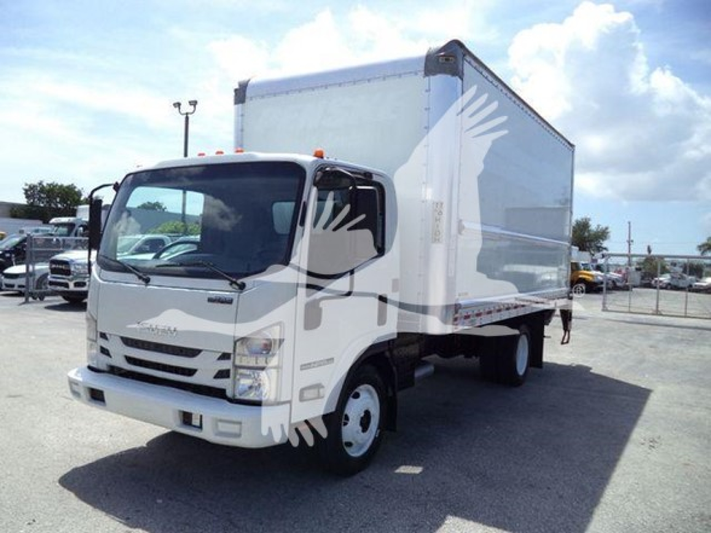 Isuzu NPR HD box truck in a dealership lot. Front badge and grille visible, large box cargo area. Windshield shows reflections. Side mirror and wheel visible.