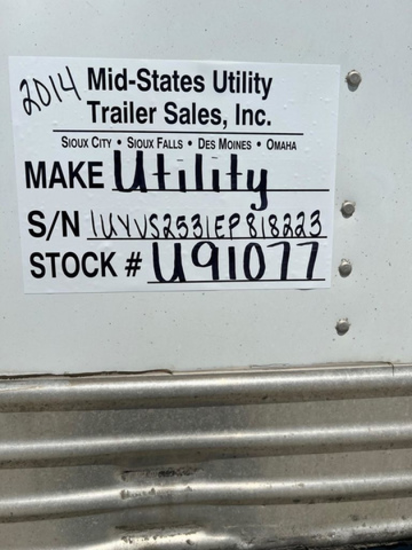 2014 Utility Van tag showing VIN 1UYVS2531EP818223 and stock number U91077 from Mid-States Utility Trailer Sales, Inc.
