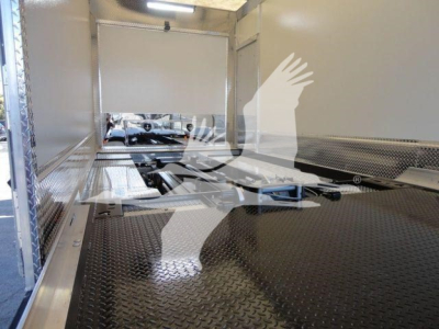MD6 rollback truck bed interior showing aluminum walls and diamond plate floor with branding watermark and rear opening.