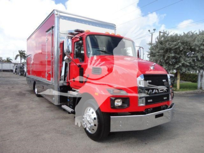MD6 Mack rolloff truck in red with large cargo box, front grille and chrome bumper visible, side mirror and steps, stock number MD6TOWBOX1.