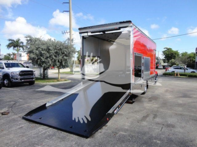 MD6 rollback truck trailer with open rear ramp door showing interior cargo space and red exterior.