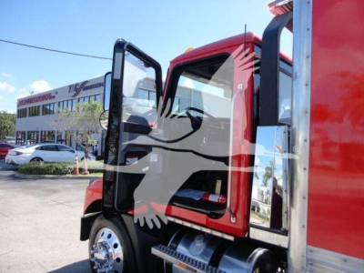 MD6 truck cab exterior in red with open door, showing side mirror and chrome steps