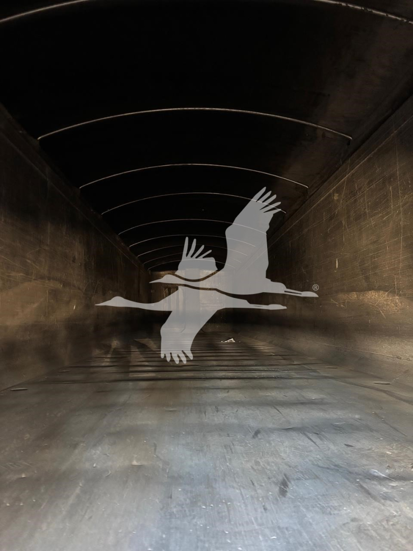 Trailer interior showing empty cargo deck with curved walls and overhead ribs. A watermark of a flying bird logo is centered.