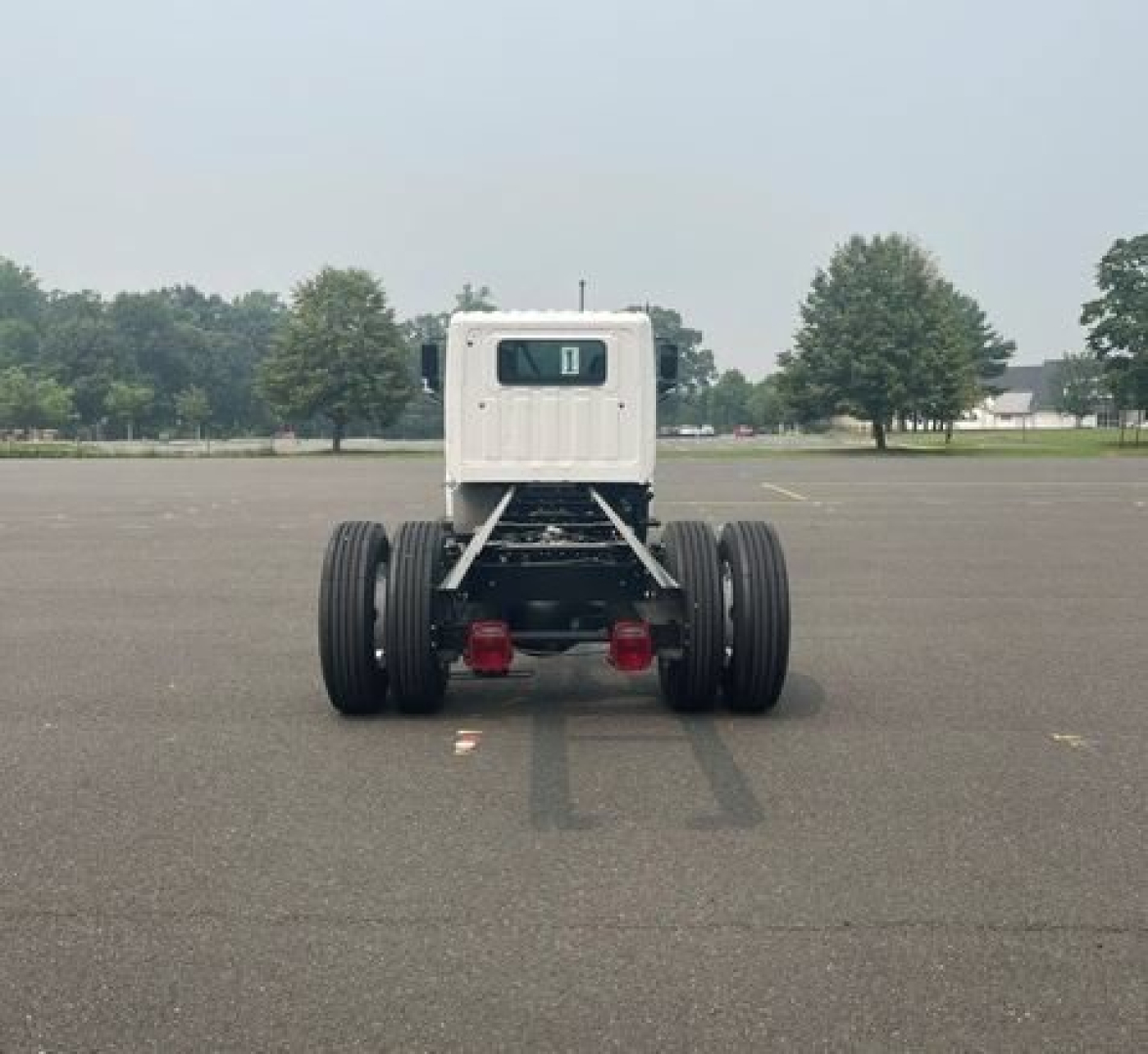 Rear view of a white cab-chassis truck on a parking lot showing dual rear axles and chassis framing.