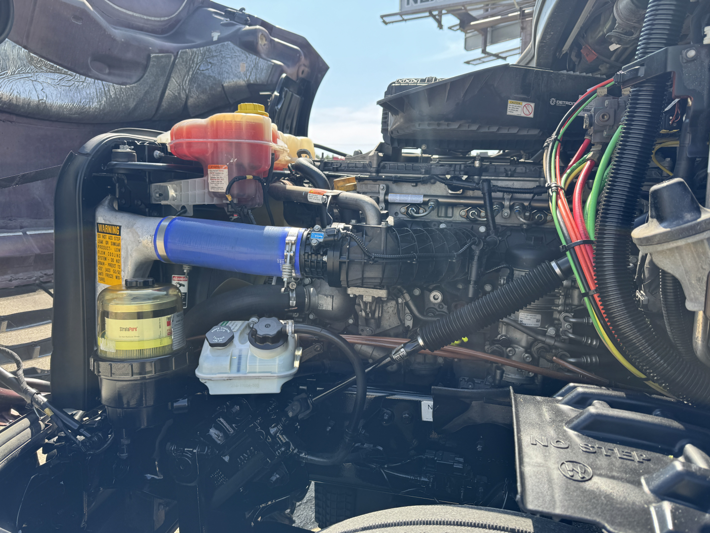 Truck engine bay of a 2022 Freightliner Cascadia 126 showing coolant reservoir, blue intercooler hose, oil filter, and wiring harnesses.