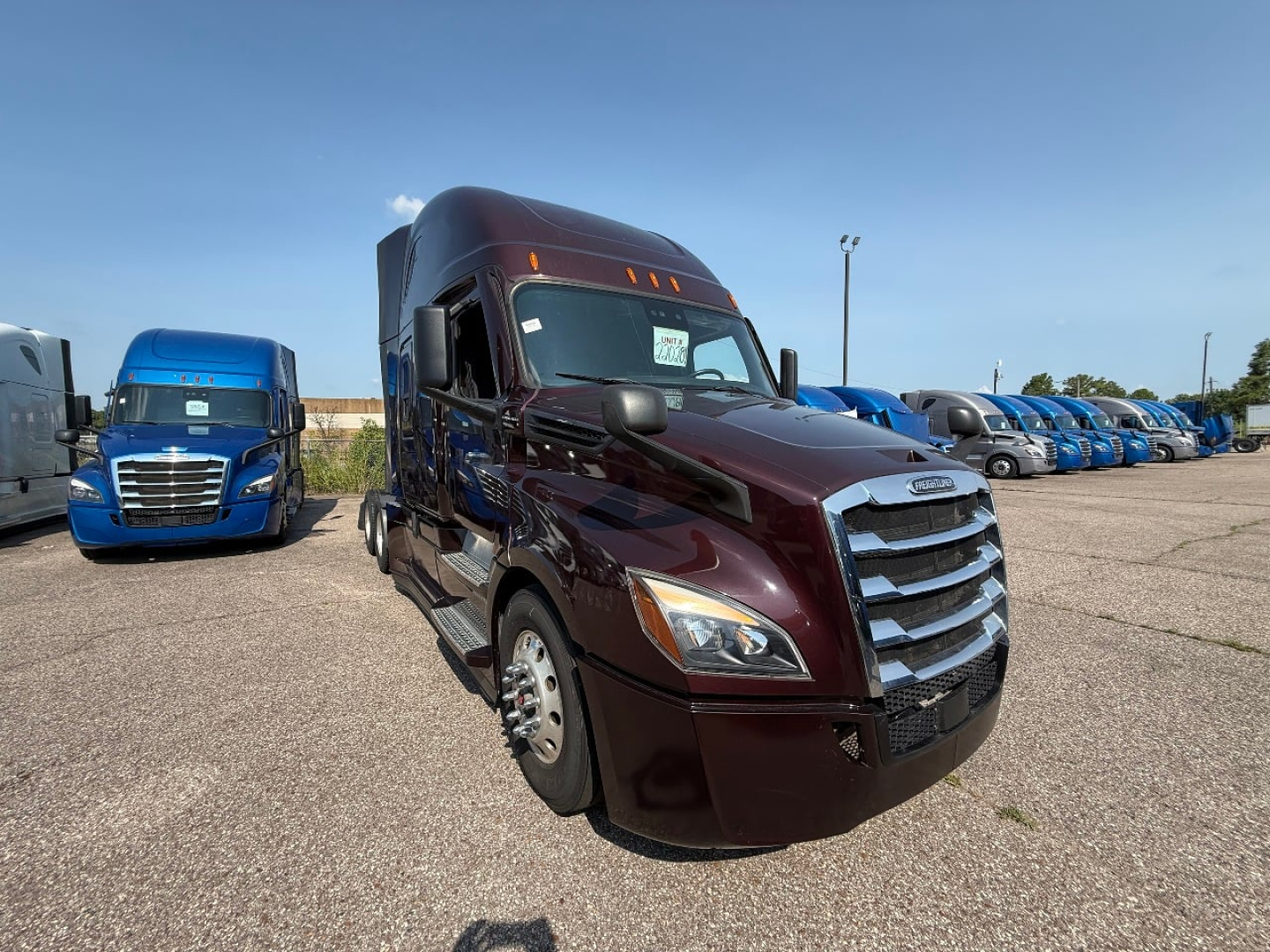 Truck front view in a parking lot showing Freightliner Cascadia cab with maroon color, chrome grille, headlights, and side mirrors; other blue trucks in background.