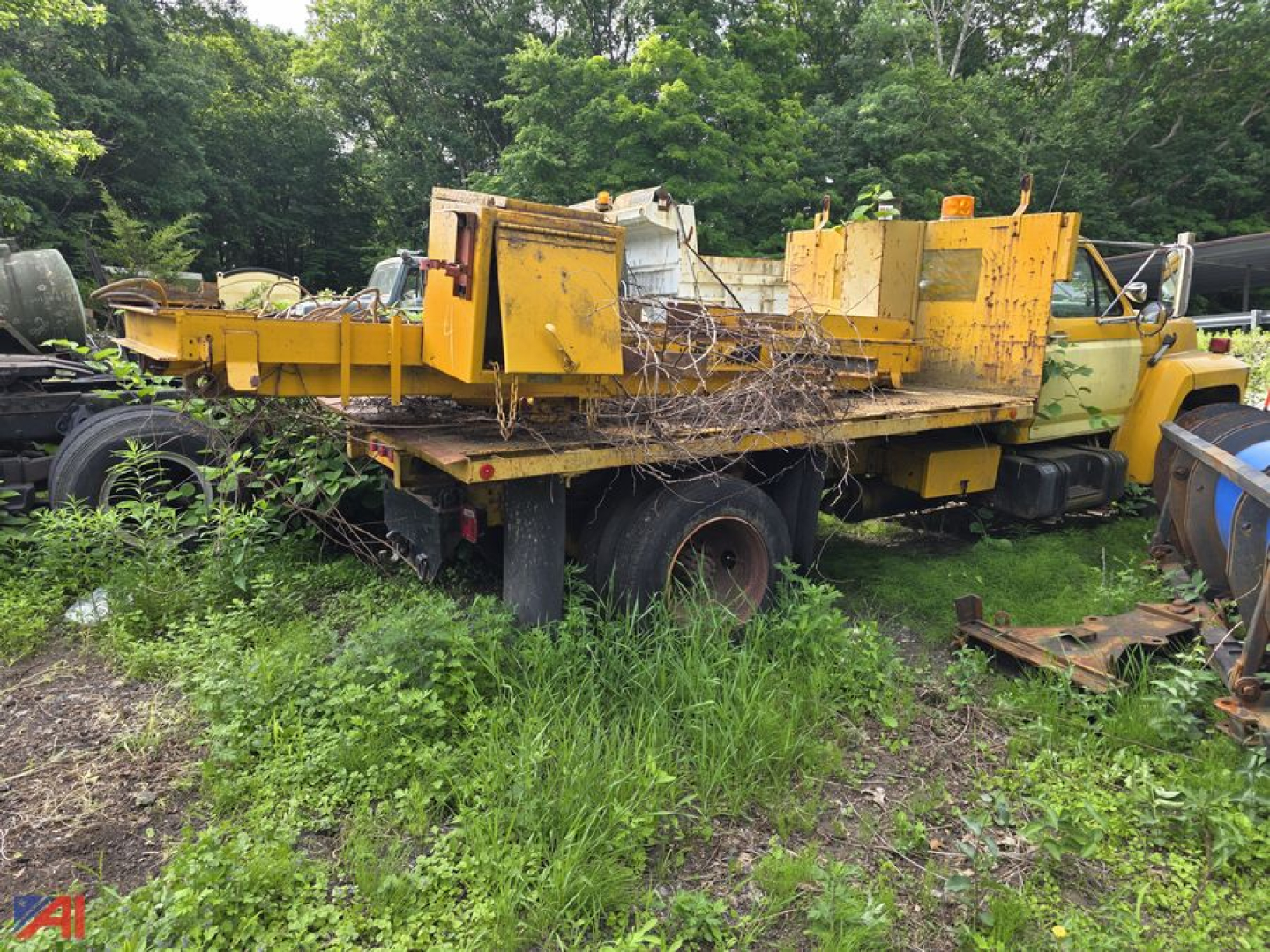 Ford F-700 flatbed truck in overgrown lot showing yellow equipment and flatbed frame with exposed areas.