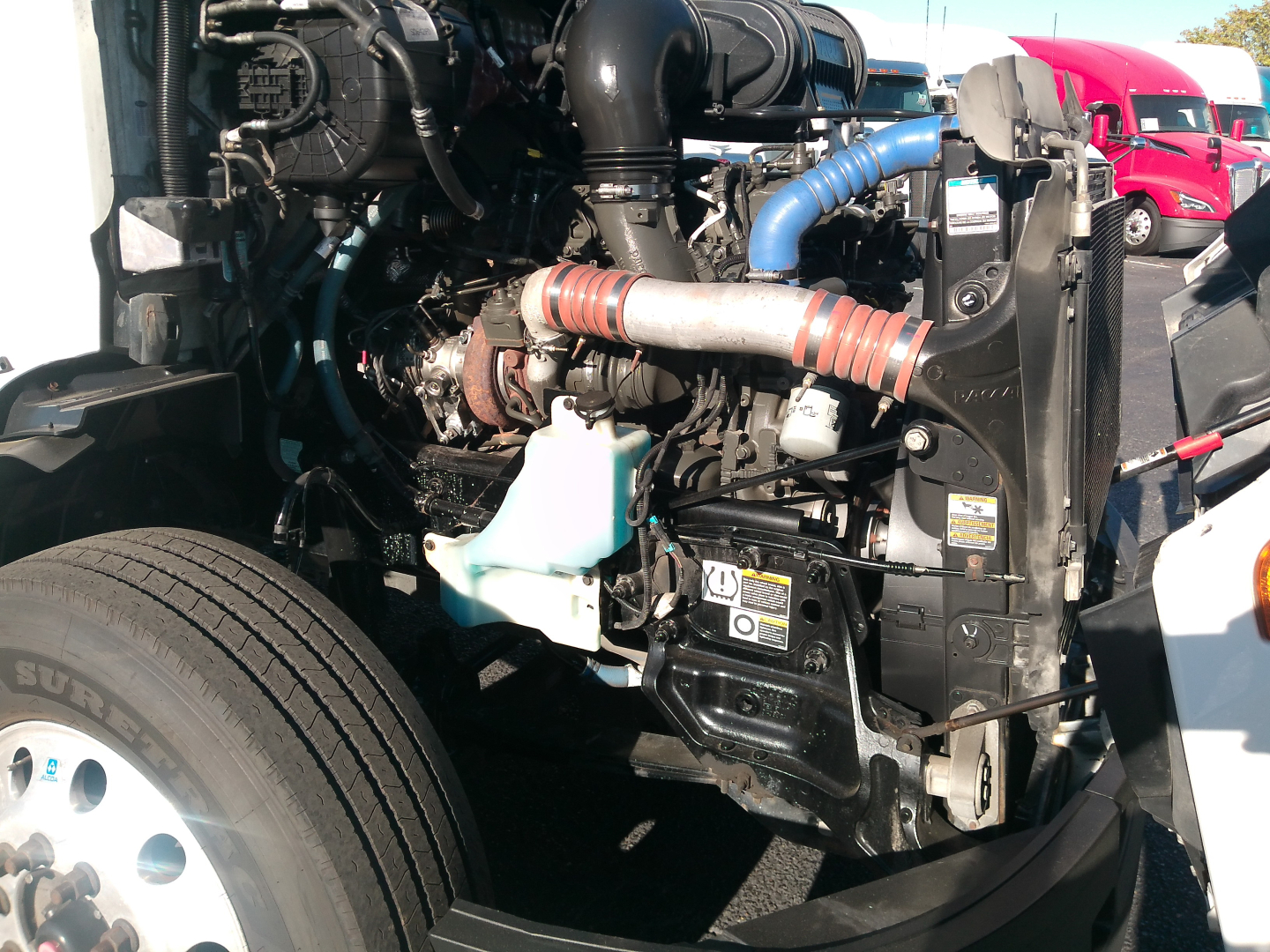Peterbilt 579 engine bay in view showing radiator, hoses, and engine components.