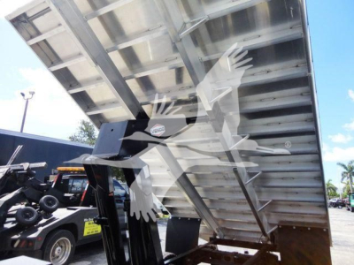 Dump truck bed showing hydraulic lift and silver metal bed with channeled side panels; white watermark of a bird logo over image.
