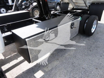 Dump truck bed toolbox and dual rear wheels showing storage box and chassis