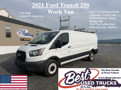 Ford Transit 250 work van showing front and side view with banners and logos