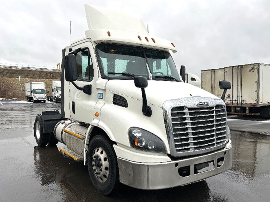 Front-left view of a white 2017 Freightliner Cascadia 113 daycab tractor showing chrome grille, headlights, mirrors, and fuel/tank steps.