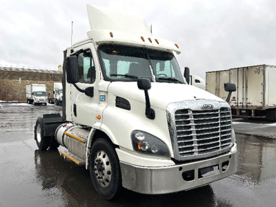 Front-left view of a white 2017 Freightliner Cascadia 113 daycab tractor showing chrome grille, headlights, mirrors, and fuel/tank steps.