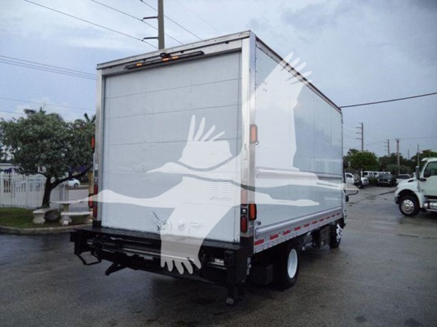 Isuzu NPR HD box truck rear view showing plain white cargo area and rear bumper with taillights.