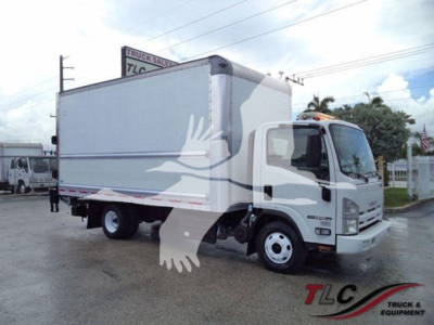 Isuzu NPR-HD box truck side view showing cargo box and cab with front grille and wheels.