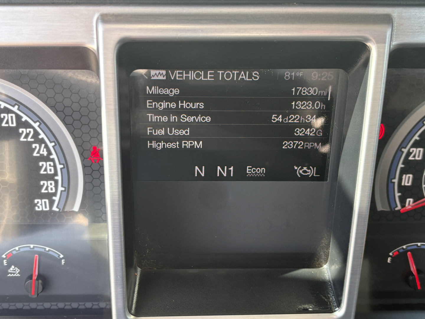 Dashboard display showing vehicle totals with mileage 17830 mi, engine hours 1323.0 h, time in service 54d 22h, fuel used 3242 gal, highest RPM 2372 RPM, N N1 indicators.