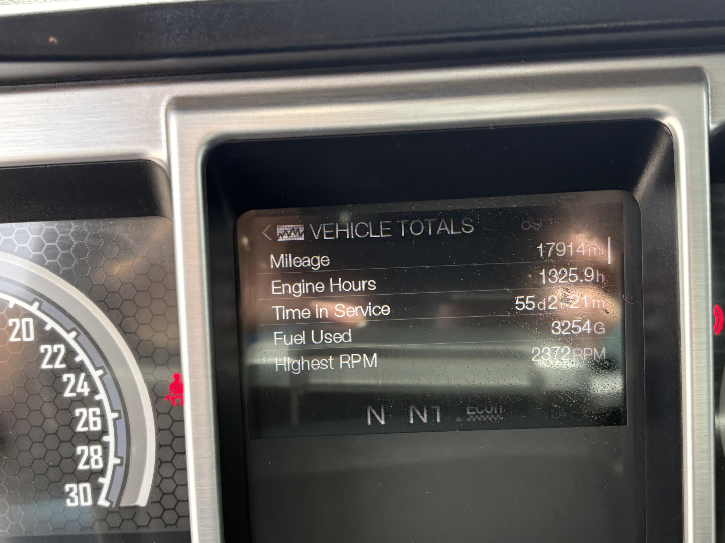 Mack GR64F cab interior showing vehicle totals on display: Mileage 17914 mi, Engine Hours 1325.9h, Time in Service 55d 21h, Fuel Used 3254 gal, Highest RPM 2372 RPM.