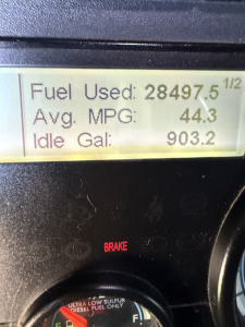 Fuel Used: 28497.5, Avg. MPG: 44.3, Idle Gal: 903.2 displayed on truck dashboard; 2016 Freightliner Cascadia evolution listing context shows conventional sleeper, type trucks, used status.