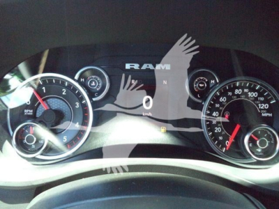 Dashboard of 2024 Ram 5500 SLT showing speedometer and tachometer with 0 km/h, brand RAM.