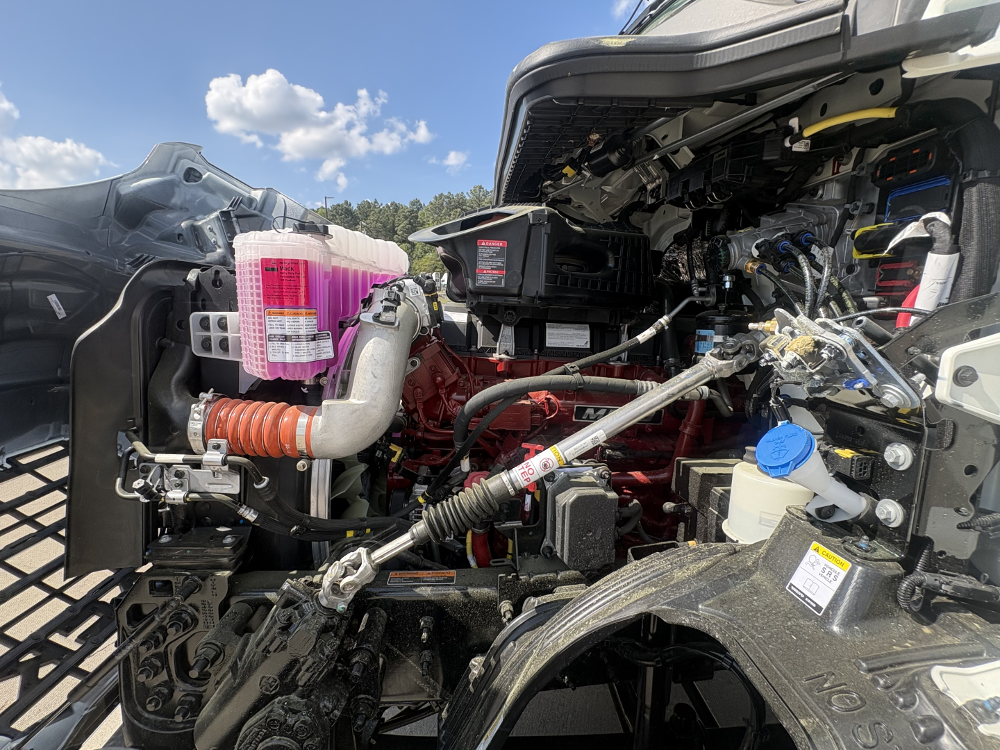 Truck engine bay with exposed components including pink coolant reservoir, red engine, blue cap, hoses, and wiring harness seen from the front-right side.