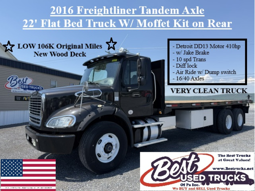 Flatbed Freightliner M2-112 tandem axel truck with 22' bed and rear Moffet kit, text overlays show features and very clean truck.