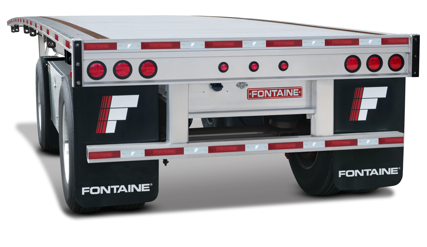 Flatbed trailer rear view showing Fontaine branding and tail lights, aluminum deck, red-and-white reflective tape, dual rear axles, mud flaps with Fontaine logo.