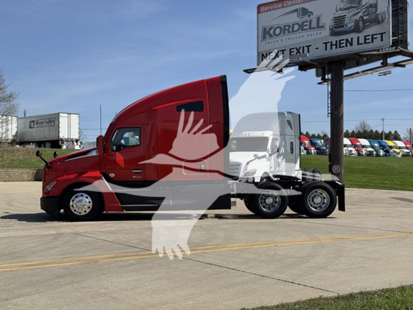 Kenworth T680 sleeper tractor with red cab and white trailer chassis, side view, truck dealership lot in background.