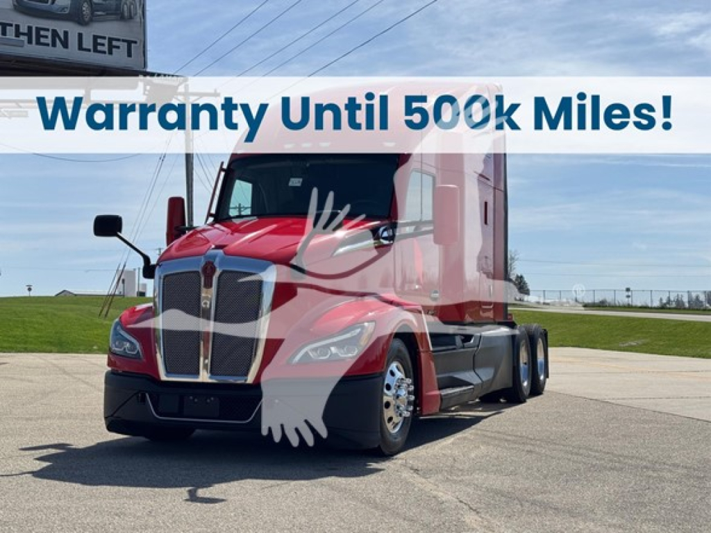 Kenworth T680 truck (red) front-left view in a parking lot, with a large overlay text reading Warranty Until 500k Miles.