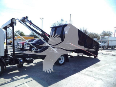 Isuzu NPR/Nrr rolloff truck body in tilt position with loading crane and hydraulic system visible.