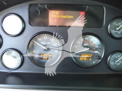 Dashboard of a Peterbilt 348 showing Trip Information on the display, with multiple gauges including RPM and speedometer, odometer, and warning icons.